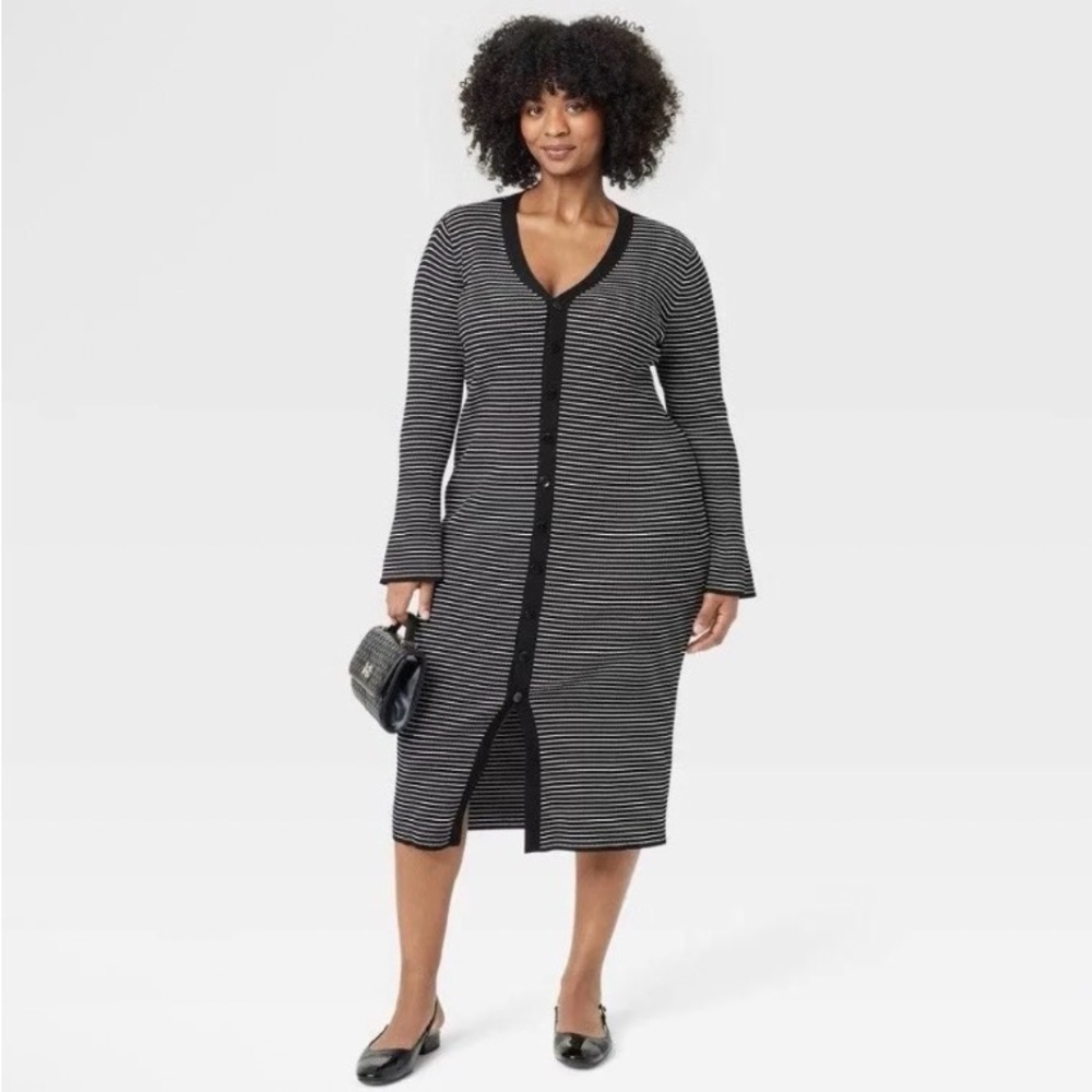 A New Day Black White Stripe Ribbed Midi Dress Button Front Bell Sleeves XXL New